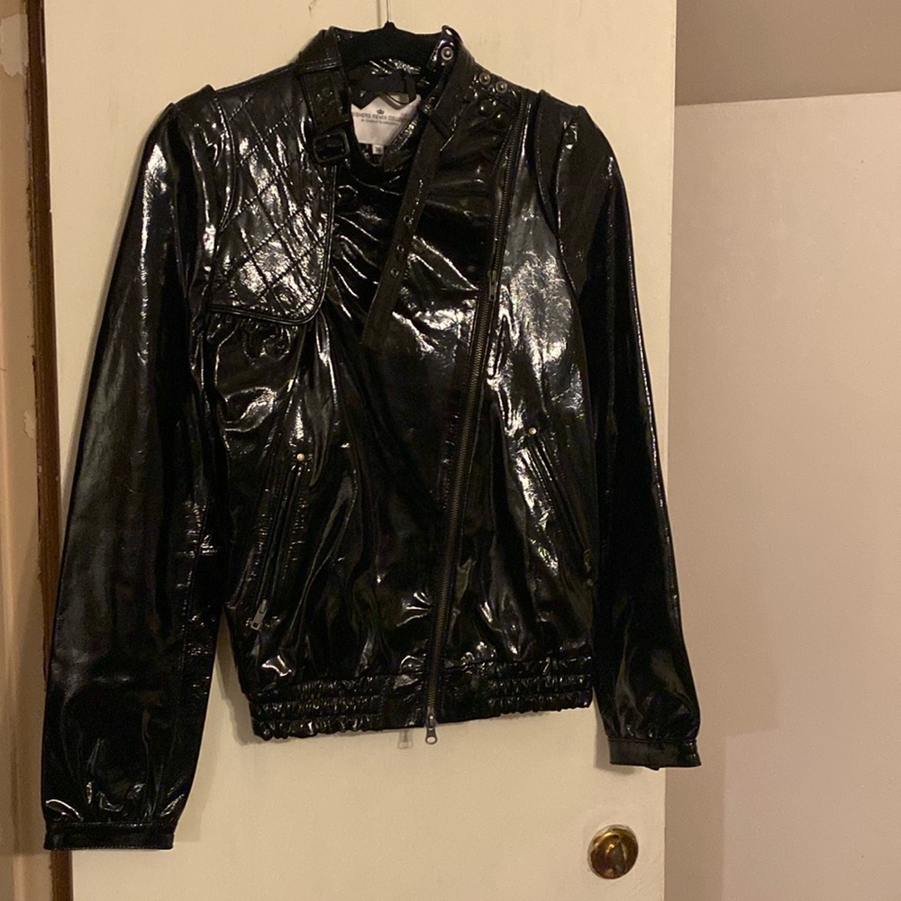Designer remix patent leather jacket